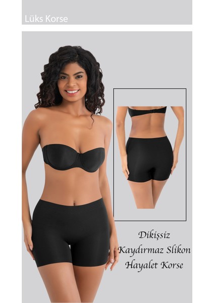 Dikişsiz İz Yapmaz S-M-L-XL-2XL-3XL Beden Toparlayıcı Yüksek Bel Lazer Kesim Kadın Boxer Korse Siyah