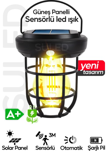 Solar Şarjlı Hareket Sensörlü LED Fener Işık 15W Askılı 3 Modlu Otomatik LED Kamp Bahçe Lambası