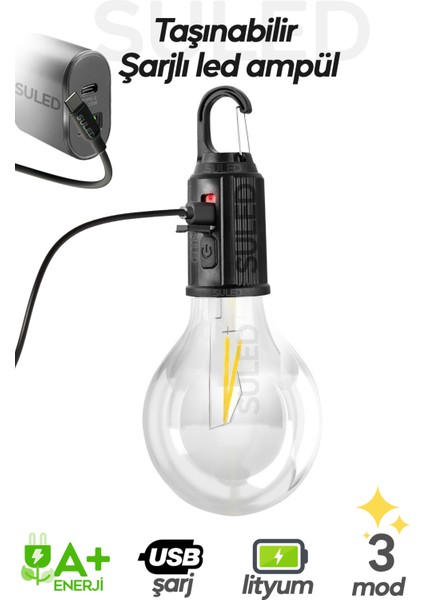 Taşınabilir Şarjlı LED Ampül Outdoor Kamp Bahçe Lambası 10W Askılı Kırılmaz LED Işık