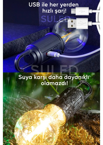 Taşınabilir Şarjlı LED Ampül Outdoor Kamp Bahçe Lambası 10W Askılı Kırılmaz LED Işık