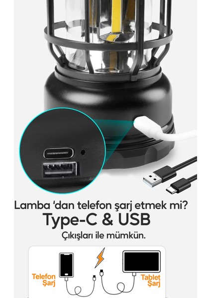 Fanus Fener Vintage Kamp El Feneri USB Type-C Güneş Şarjlı 10W Güçlü LED Işık Power Bank Özellikli