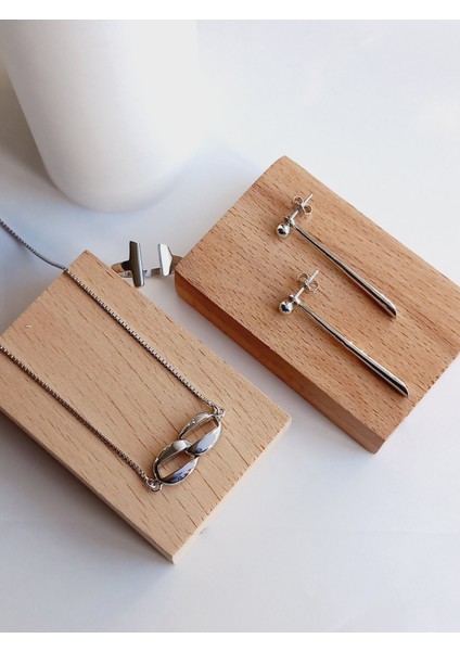 GÜMÜŞ TİFANY STICK TASARIM KOLYE UZUN KÜPE AYARLI YÜZÜK KADIN SET