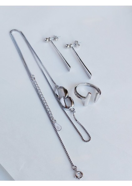 GÜMÜŞ TİFANY STICK TASARIM KOLYE UZUN KÜPE AYARLI YÜZÜK KADIN SET indirimleri