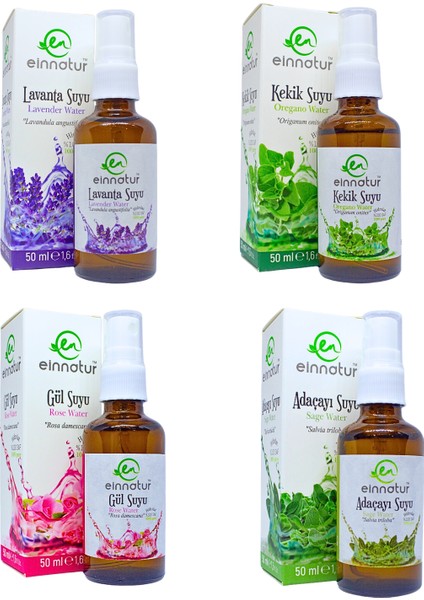 4'lü Hidrolat-Lavanta Suyu, Gül Suyu, Kekik Suyu, Adaçayı Suyu (50 ml Spreyli)