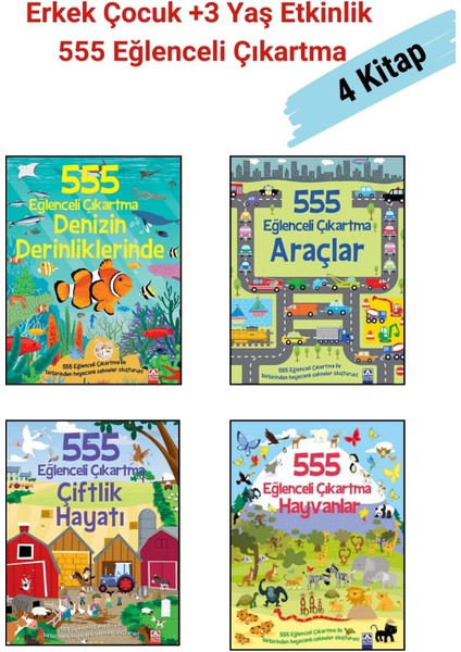 555 Eğlenceli Çıkartma Dizisi 4 Kitap Set, +3 Yaş Erkek Çocuk Etkinlik Kitapları