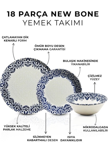 Kitchen Life 18 Parça 6 Kişilik Lale Lacivert Kenarlı New Bone Porselen Yemek Takımı - Çorba Servis Yemek Tabak