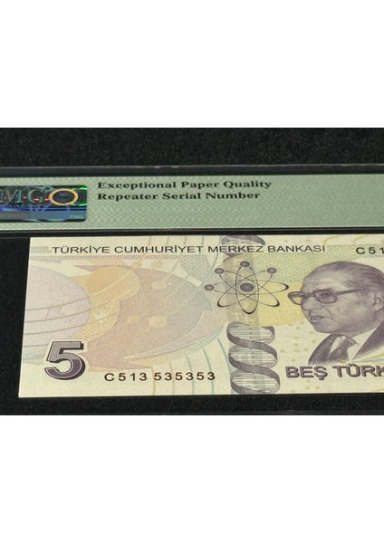 Türk Lirası 5 Tl Tekrarlanan Rakamlar Sn C513 53 53 53 P 222C 2009 (ND2017) Pmg 66 Epq Gem Unc Çil 9. Ems 3. Tertip