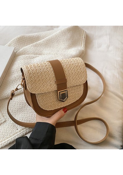 Hasır Çanta Dokuma Kadın Moda Basit Küçük Taze Bir Omuz Messenger Batı Tarzı Eyer Çantası (Kahverengi) (Yurt Dışından) modelleri
