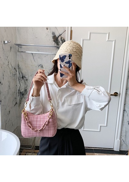 Dokuma Kadın Omuz Çantası Moda Yeni Zincir Messenger Lüks Casualhandbag Koltukaltı Pembe (Yurt Dışından)