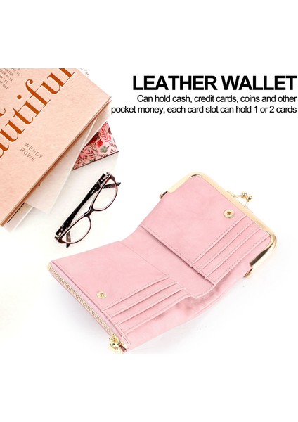 Kadın Kısa Cüzdan Çift Katlı Retro Çok Fonksiyonlu Bozuk Para Çantası Fermuarlı ve Kiss Kilitli Pembe (Yurt Dışından) modelleri