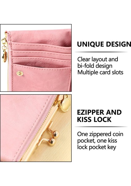 Kadın Kısa Cüzdan Çift Katlı Retro Çok Fonksiyonlu Bozuk Para Çantası Fermuarlı ve Kiss Kilitli Pembe (Yurt Dışından) fırsatları