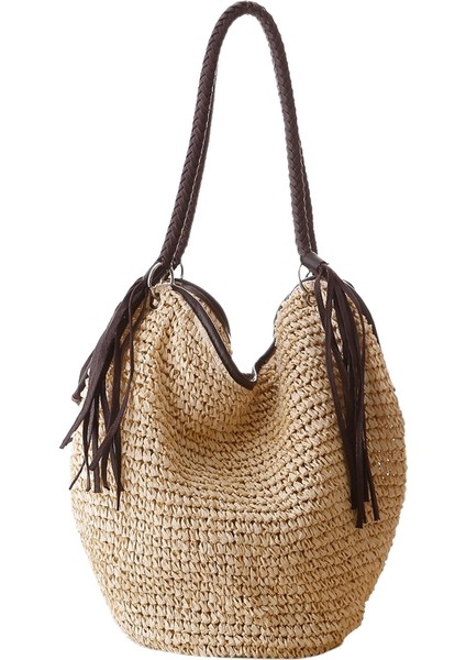 Kağıt Kadın Omuz Çantası Rahat Büyük Kapasiteli Rattan Bez Çantalar Hasır Dokuma Plaj Çanta Kadın Çantası (Bej) (Yurt Dışından)