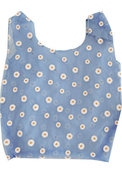 Bayanlar Küçük Şeffaf Tote Çanta Örgü Papatya Nakış Çanta Çevre Dostu Meyve Alışveriş Çanta Kız Mavi (Yurt Dışından)