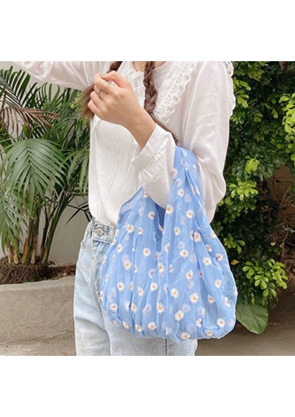 Bayanlar Küçük Şeffaf Tote Çanta Örgü Papatya Nakış Çanta Çevre Dostu Meyve Alışveriş Çanta Kız Mavi (Yurt Dışından) fırsatları