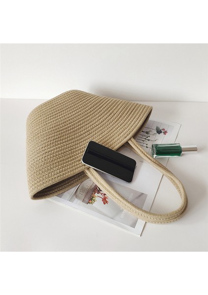 Moda Retro Pamuk Halat Dokuma Hasır Çanta Kapasiteli High-End Sense Tote Kadınlar Seyahat, Tatil, Alışveriş, Parti Için (Yurt Dışından) fırsatları