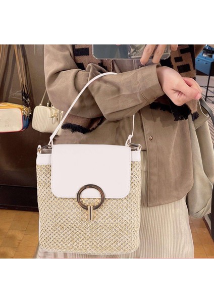 Küçük Hasır Kova Çanta Kadınlar Için Yaz Crossbody Bayan Seyahat Çantalar ve Çanta Kadın Omuz Basit Çanta Beyaz (Yurt Dışından) fırsatları