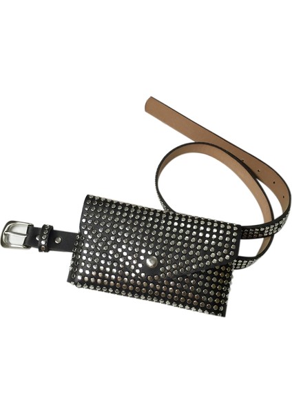 Moda Perçinler Bel Paketi Lüks Fanny Küçük Kadın Telefon Kılıfı Punk Kemer Çantası Çanta (Siyah) (Yurt Dışından)