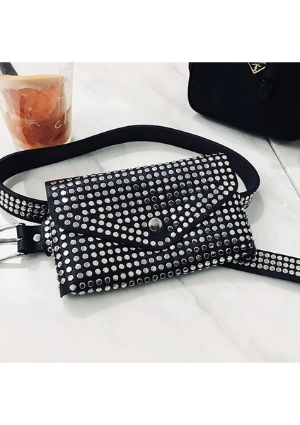 Moda Perçinler Bel Paketi Lüks Fanny Küçük Kadın Telefon Kılıfı Punk Kemer Çantası Çanta (Siyah) (Yurt Dışından) fiyatları
