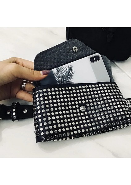 Moda Perçinler Bel Paketi Lüks Fanny Küçük Kadın Telefon Kılıfı Punk Kemer Çantası Çanta (Siyah) (Yurt Dışından) fırsatları