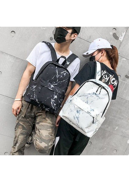 Moda Unisex Sırt Çantası Bayan Erkek Kanvas Genç Kız Çantası Rahat Mermer Siyah (Yurt Dışından) fırsatları