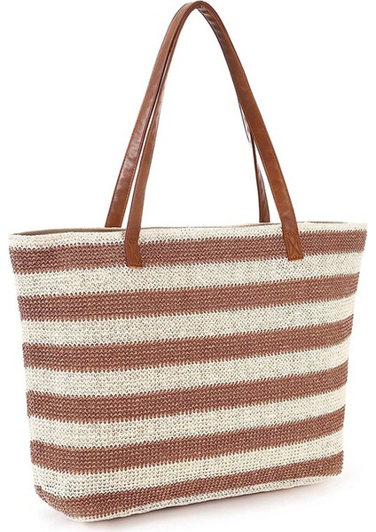 Büyük Hasır Çanta Plaj Çantası Yumuşak Fermuarlı Çanta Çizgili Dokuma Omuz Haki (Yurt Dışından)