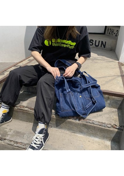 Yeni Net Kırmızı Omuz Messenger Çanta Rahat Vahşi Taşınabilir Alışveriş Kanvas Tote Kadın Lacivert (Yurt Dışından) modelleri