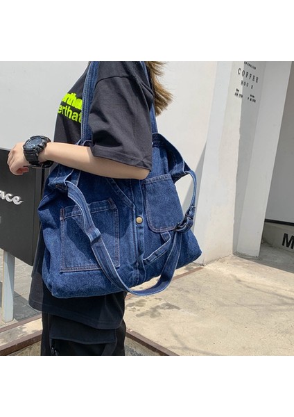 Yeni Net Kırmızı Omuz Messenger Çanta Rahat Vahşi Taşınabilir Alışveriş Kanvas Tote Kadın Lacivert (Yurt Dışından) fırsatları