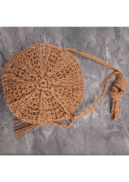 Rattan Tığ Hasır Dokuma Sepet Çanta Yuvarlak Daire Crossbody Shopper Plaj Çantası (Açık Kahverengi) (Yurt Dışından)