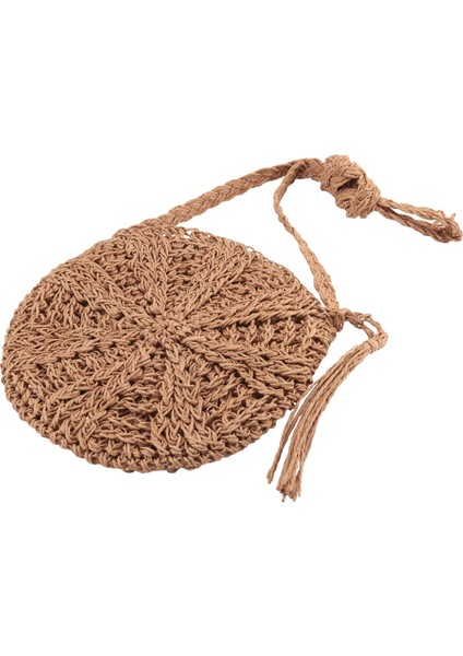 Rattan Tığ Hasır Dokuma Sepet Çanta Yuvarlak Daire Crossbody Shopper Plaj Çantası (Açık Kahverengi) (Yurt Dışından) modelleri