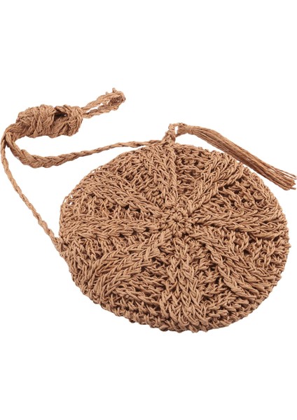 Rattan Tığ Hasır Dokuma Sepet Çanta Yuvarlak Daire Crossbody Shopper Plaj Çantası (Açık Kahverengi) (Yurt Dışından) fırsatları