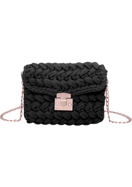 Sıcak Ins Dokuma Örgü Çanta Kadın Flaps Messenger Çanta Pamuklu Kumaş El Yapımı Örgü Kapak Omuz Siyah (Yurt Dışından)