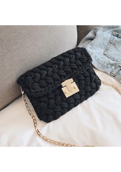 Sıcak Ins Dokuma Örgü Çanta Kadın Flaps Messenger Çanta Pamuklu Kumaş El Yapımı Örgü Kapak Omuz Siyah (Yurt Dışından) fiyatları