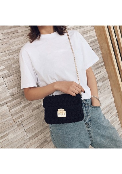 Sıcak Ins Dokuma Örgü Çanta Kadın Flaps Messenger Çanta Pamuklu Kumaş El Yapımı Örgü Kapak Omuz Siyah (Yurt Dışından) modelleri