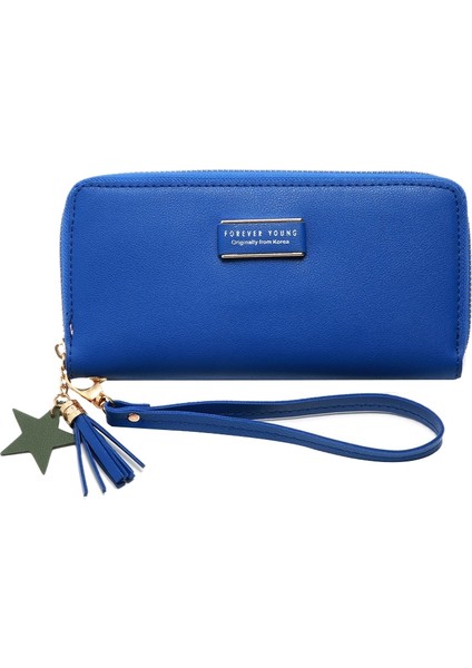 Düz Renk Uzun Bayan Cüzdan Klipsi Fermuar Para Cep Telefonu Çanta Mavi (Yurt Dışından)