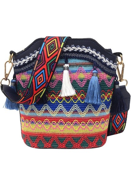 Moda Bohem Etnik Tarzı Kadın Saman Dokuma Omuz Askılı Çanta Retro Rahat Kova Lacivert (Yurt Dışından)