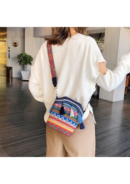 Moda Bohem Etnik Tarzı Kadın Saman Dokuma Omuz Askılı Çanta Retro Rahat Kova Lacivert (Yurt Dışından) modelleri