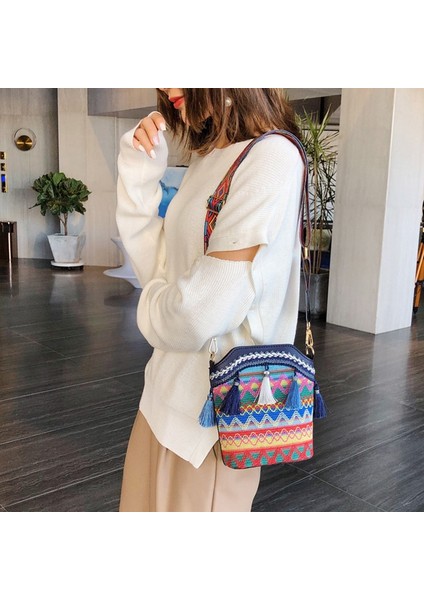 Moda Bohem Etnik Tarzı Kadın Saman Dokuma Omuz Askılı Çanta Retro Rahat Kova Lacivert (Yurt Dışından) fırsatları