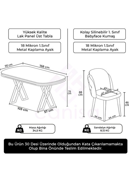 Zae Serisi 90X168 Lak Panel Beyaz Mermer Desen Krom Ayak Masa Takımı 6 Sandalye