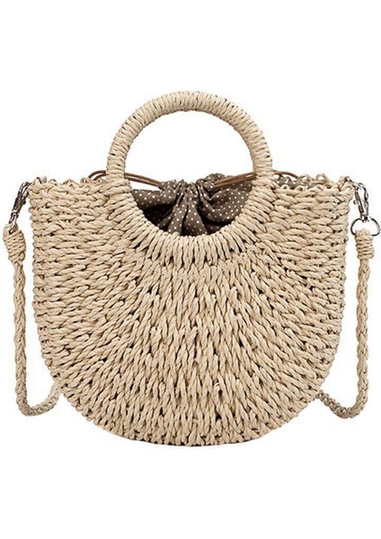 Saman Dokuma Çanta El Yapımı Rattan Vintage Retro Halat Örme Kadın Crossbody Çanta Yüzük ile Taze Yaz Plaj Bej (Yurt Dışından)