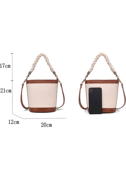 Dokuma Bayan Çanta Kova Hasır Örgülü Messenger Çanta Pu Deri Moda Patchwork Omuz Kahverengi (Yurt Dışından)