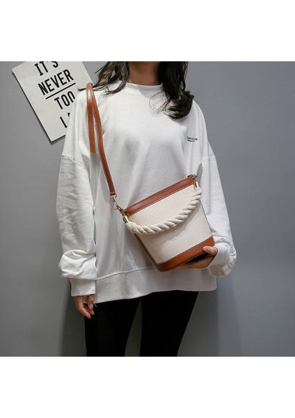 Dokuma Bayan Çanta Kova Hasır Örgülü Messenger Çanta Pu Deri Moda Patchwork Omuz Kahverengi (Yurt Dışından)