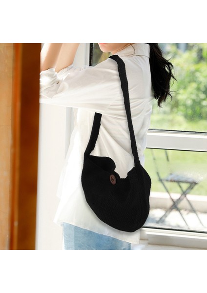 Dokuma Çanta Moda Yün Yuvarlak Retro Omuz Çanta Plaj Seyahat Bayanlar Siyah (Yurt Dışından) fiyatları