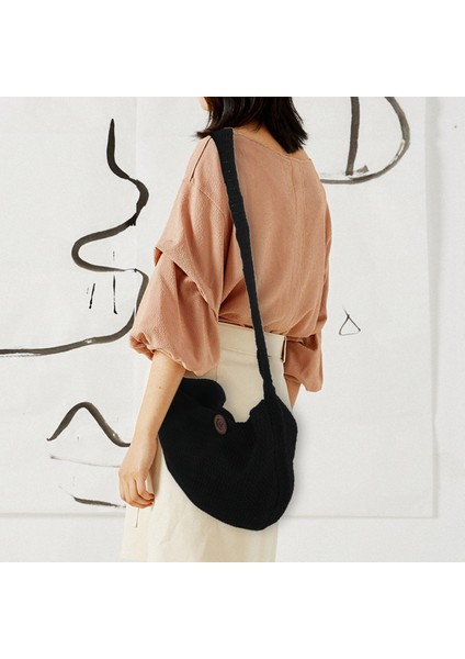 Dokuma Çanta Moda Yün Yuvarlak Retro Omuz Çanta Plaj Seyahat Bayanlar Siyah (Yurt Dışından) modelleri