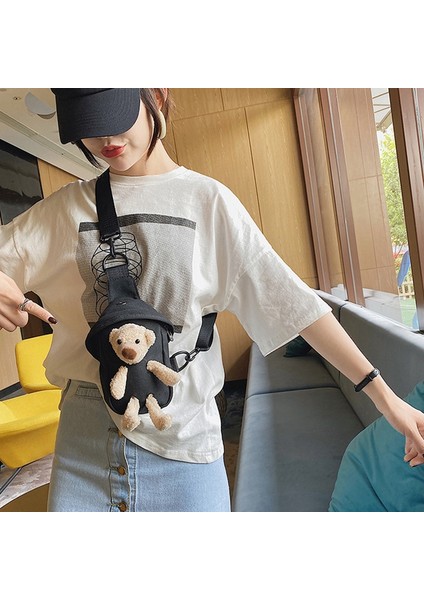 Moda Çizgi Film Bebeği Göğüs Çantası Kadın Sevimli Spor Ayı Rahat Messenger Mini Öğrenci Tuval Siyah (Yurt Dışından) modelleri