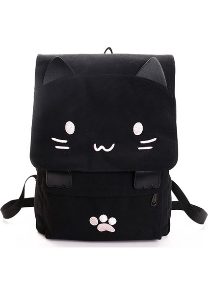 Moda Sevimli Kedi Nakış Kanvas Öğrenci Çantası Karikatürler Kadın Sırt Çantası Eğlence Okul Siyah & Beyaz (Yurt Dışından)