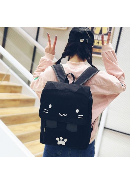 Moda Sevimli Kedi Nakış Kanvas Öğrenci Çantası Karikatürler Kadın Sırt Çantası Eğlence Okul Siyah & Beyaz (Yurt Dışından) fiyatları