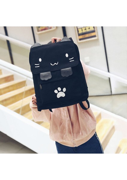 Moda Sevimli Kedi Nakış Kanvas Öğrenci Çantası Karikatürler Kadın Sırt Çantası Eğlence Okul Siyah & Beyaz (Yurt Dışından) modelleri
