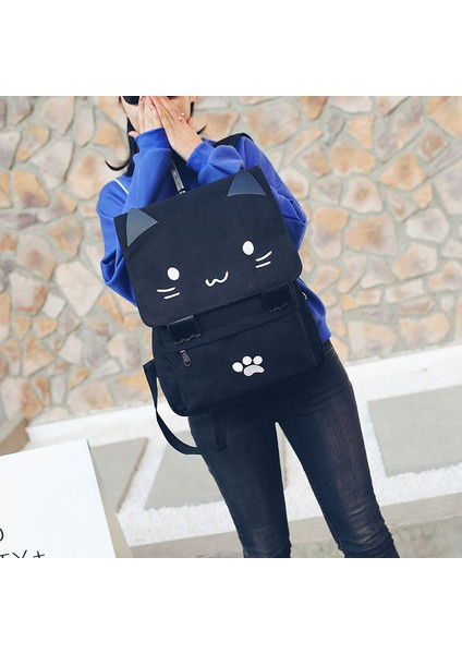 Moda Sevimli Kedi Nakış Kanvas Öğrenci Çantası Karikatürler Kadın Sırt Çantası Eğlence Okul Siyah & Beyaz (Yurt Dışından) fırsatları