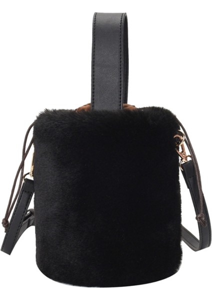 Kova Çanta Çanta Moda Taklit Kürk Kış Çanta Kadın Omuz Crossbody Bayanlar Peluş El Çantaları, Siyah (Yurt Dışından)