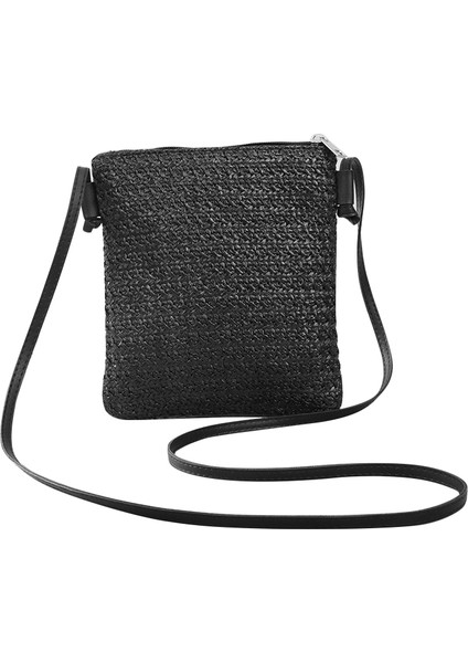 Saman Örgü Küçük Kare Çantalar Bir Omuz Eğimli Çanta Çanta Para Çantaları Gündelik Tatil Plaj - Siyah (Yurt Dışından)